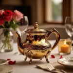 Gold wide oblate hammered teapot with cabriole feet on a dining table with roses, candle, and utensils