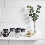 Black pattern Moroccan tea glass set with eucalyptus decor