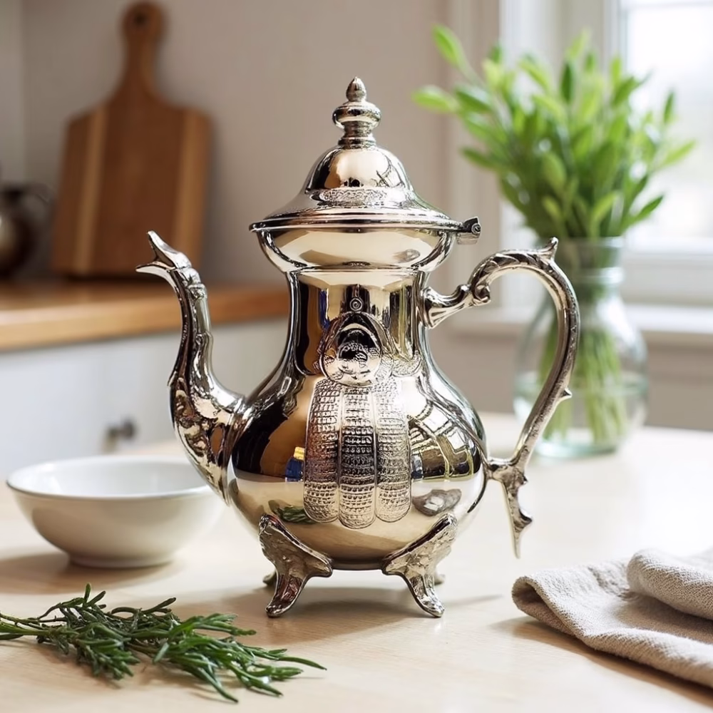 Silver-plated teapot with Hamsa engraving in natural light setting