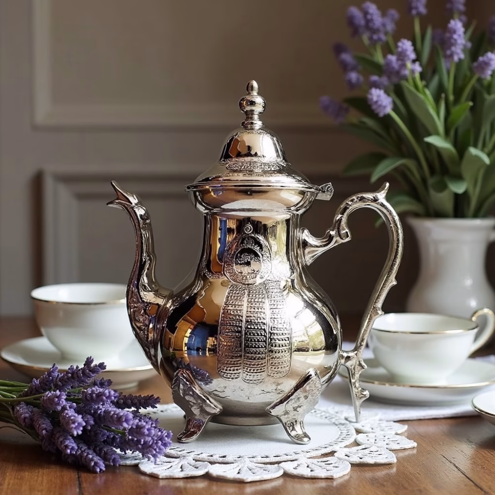 Elegant silver-plated teapot with lavender decoration