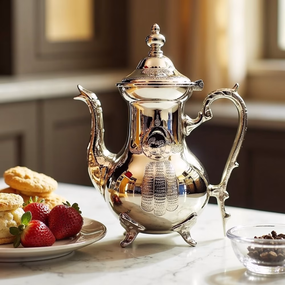 Ornate silver-plated teapot with breakfast spread
