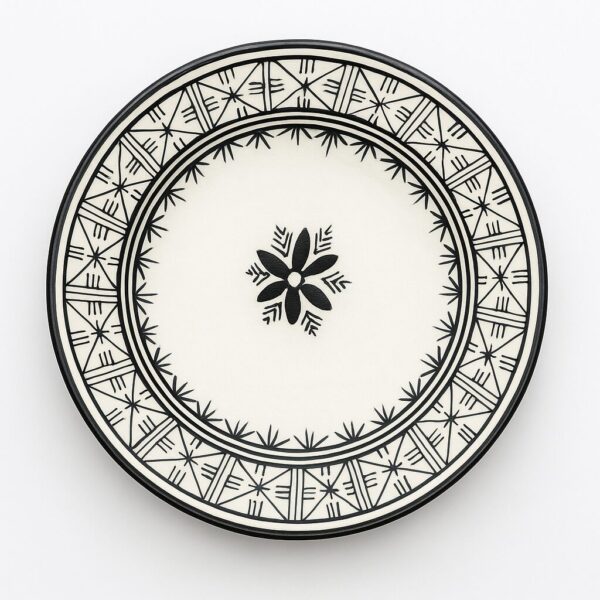 Top-view of hand-painted Moroccan black dinner plate with floral medallion, 24 cm diameter