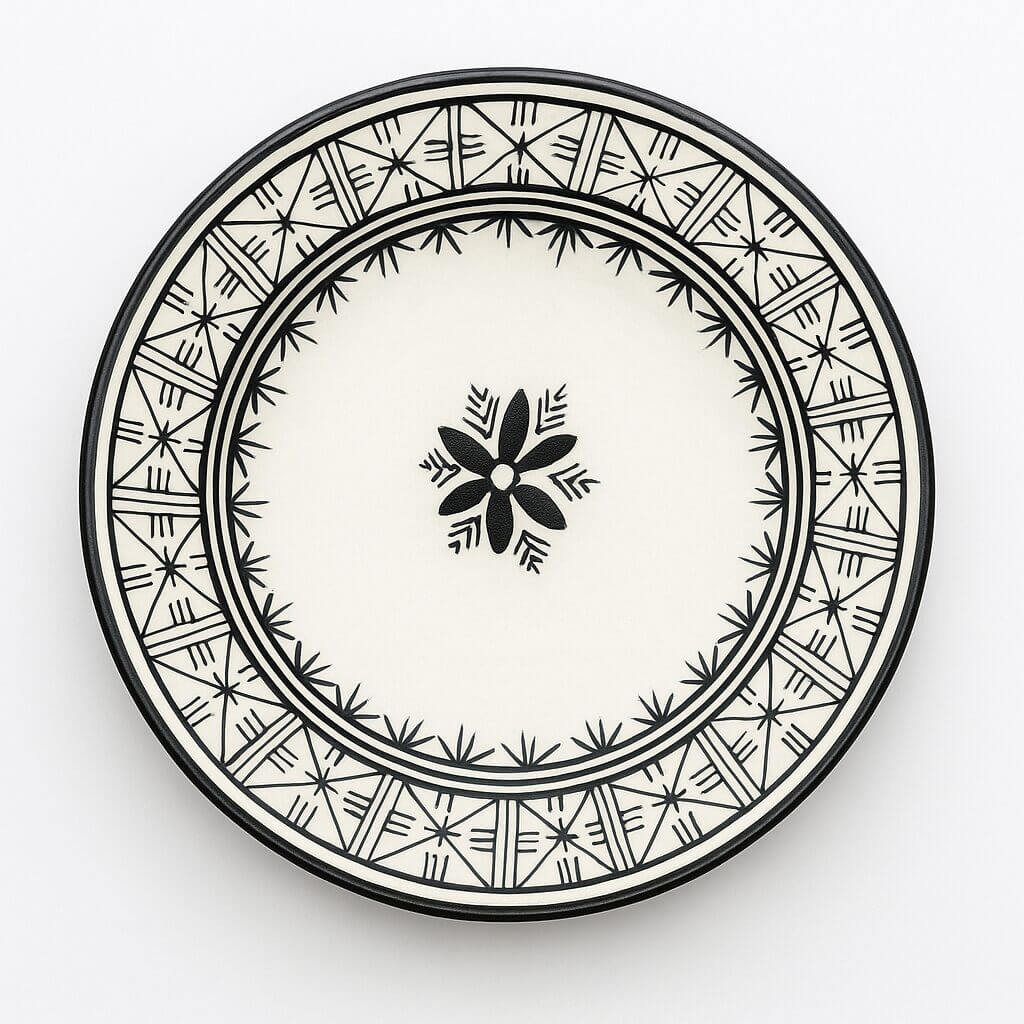 Top-view of hand-painted Moroccan black dinner plate with floral medallion, 24 cm diameter Hand-painted ceramic plate with black Moroccan geometric patterns and floral center on cream background