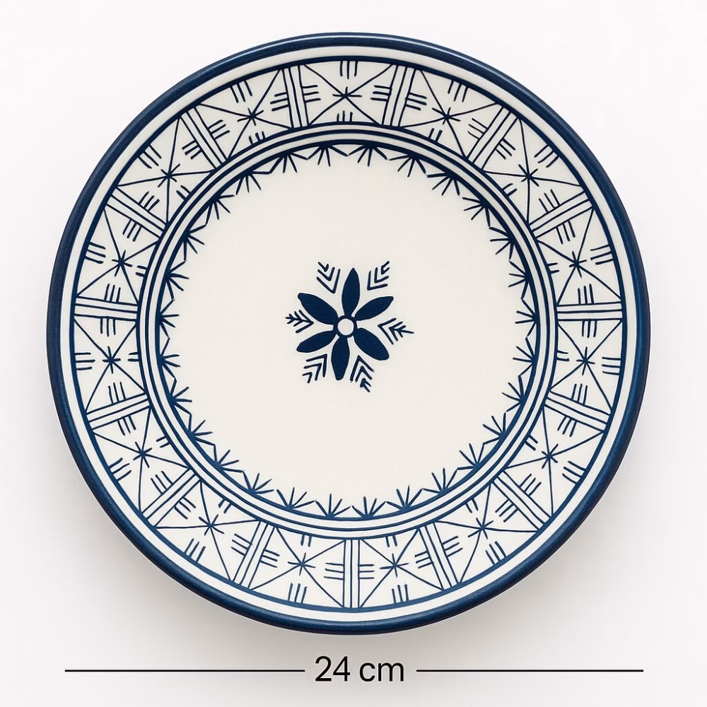 Top-view of hand-painted Moroccan blue dinner plate with geometric border, 24 cm diameter