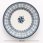Top-view of hand-painted Moroccan blue dinner plate with geometric border, 24 cm diameter