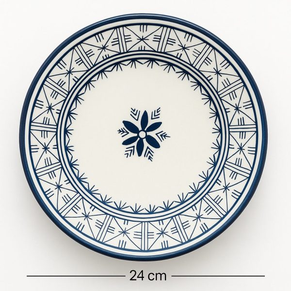 Top-view of hand-painted Moroccan blue dinner plate with geometric border, 24 cm diameter
