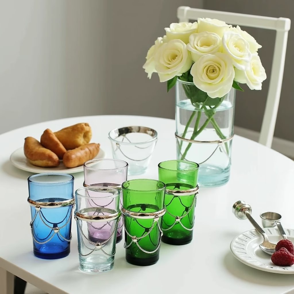 Close-up of cobalt and emerald filigree tea glasses with silver chain sleeves and white roses in background