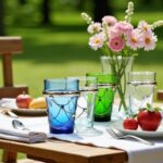 Cobalt and emerald filigree tea glasses with silver chain-wrap sleeves on an outdoor table with fresh fruit