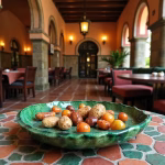 Traditional handcrafted Tamegroute green plate with nuts and fruits in Moroccan restaurant setting