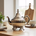 Classic ribbed teapot on wooden table