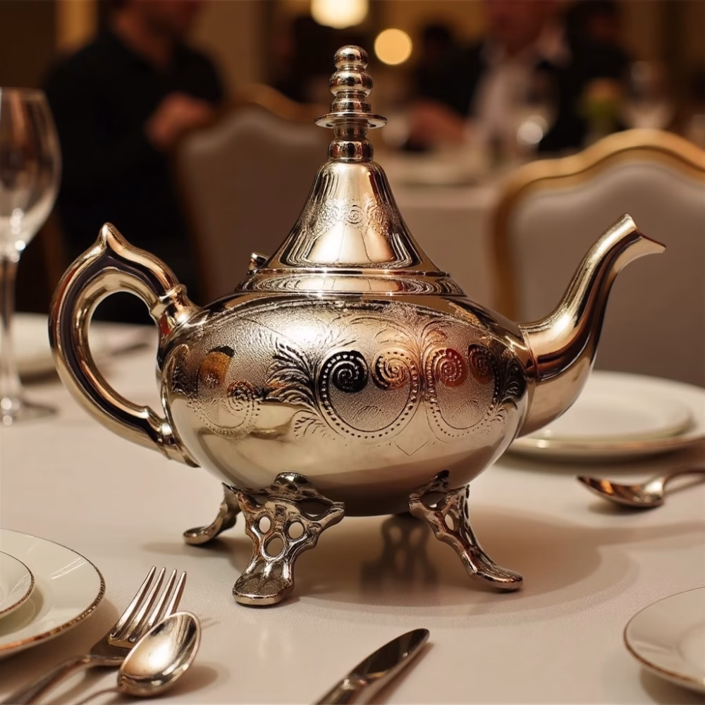 Engraved silver teapot in formal dinner setting