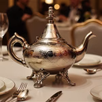 Engraved silver teapot in formal dinner setting