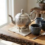 An engraved silver teapot placed on a square linen napkin atop a rustic live-edge wooden table, surrounded by blue ceramic cups and a silver spoon near a bright window.