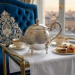 An ornate engraved silver teapot sits on a glass and brass serving cart covered with a white cloth, accompanied by elegant teacups and a plate of assorted pastries, with a blue velvet chair and city skyline in the background.