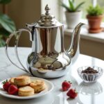 Stainless steel mirror finish teapot alongside Moroccan mint tea and fruit in a bright lifestyle setting