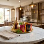 A steaming gold brass hamsa tea set displayed on a round marble table in a warm, ambient cafe environment, elegantly accented by fresh mint leaves and a folded linen napkin.