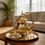 A gold engraved teapot moroccan displayed on a round brass tray with almond cookies and traditional tea glasses, resting on a wooden coffee table in a bright, modern living room.