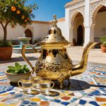 A stunning gold engraved teapot moroccan gleaming on a vibrant geometric zellige mosaic table in a sun-drenched riad courtyard, accompanied by fresh mint and gold-rimmed tea glasses.