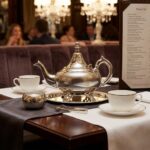 Hammered silver teapot footed traditional style on an ornate silver tray with white ceramic teacups in a lounge
