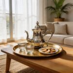 A hamsa silver teapot moroccan resting on a decorative brass tray alongside sweet pastries and tea glasses, set on a wooden coffee table in an airy, modern living room.