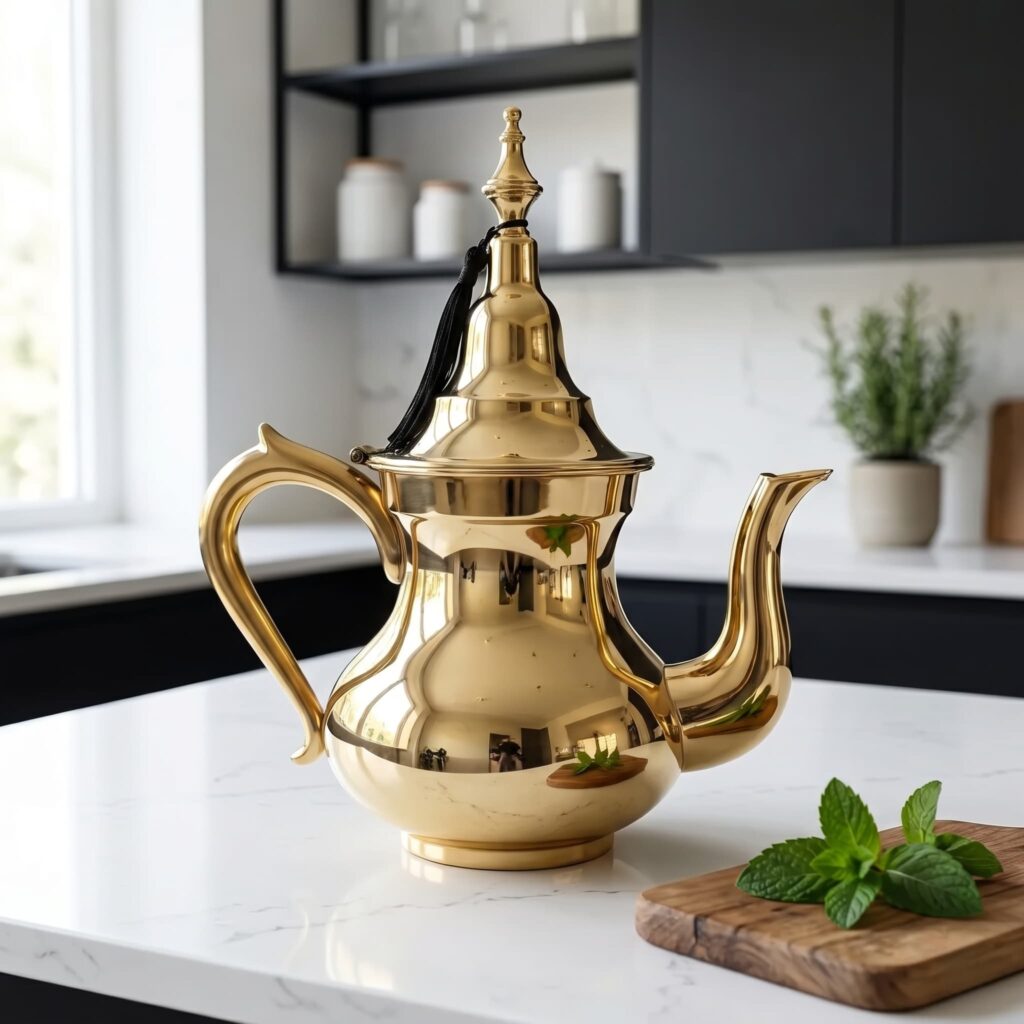 Handcrafted brass teapot on white quartz countertop in a minimalist kitchen with black cabinetry