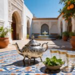 A large hand-carved silver teapot resting beautifully on a colorful geometric zellige mosaic table in a sun-drenched traditional Moroccan riad courtyard, accompanied by fresh mint and gold-rimmed tea glasses.