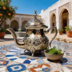 moroccan silver engraved teapot footed on a traditional brass tray with ornate tea glasses in a riad garden