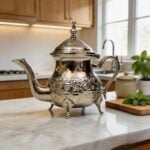 moroccan silver engraved teapot footed in a bright kitchen with green foliage and white stone countertops