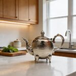 An ornate footed hammered silver teapot elegantly displayed on a smooth white quartz countertop in a bright, modern kitchen, styled next to a wooden cutting board with fresh mint leaves.