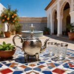 An ornate footed hammered silver teapot gleaming in the sun on a vibrant geometric zellige mosaic table in a beautiful Moroccan riad courtyard, served alongside traditional tea glasses and a terracotta bowl of fresh mint.