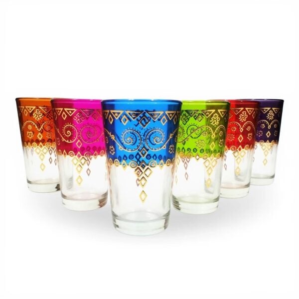 Six ombré gold design tea cups with hand-painted gold spiral and mandala motifs in saturated jewel tones