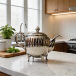 A silver teapot ornate feet ribbed sitting elegantly on a bright white quartz countertop in a modern, sunlit kitchen, styled with fresh mint leaves and a wooden cutting board.