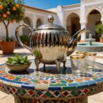 A silver teapot ornate feet ribbed resting beautifully on a colorful geometric zellige mosaic table in a sunlit Moroccan courtyard, accompanied by fresh mint and gold-rimmed tea glasses.