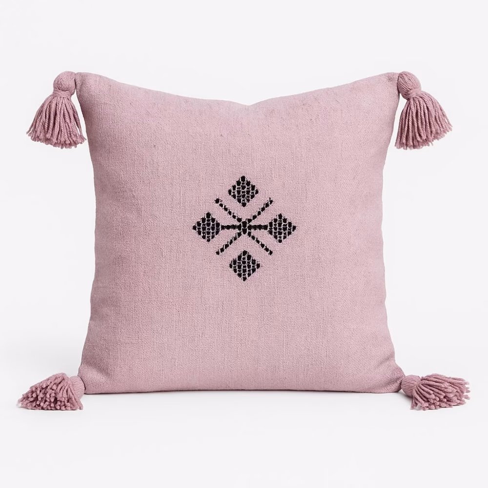 Blush pink Moroccan boho cushion with corner tassels and geometric embroidery