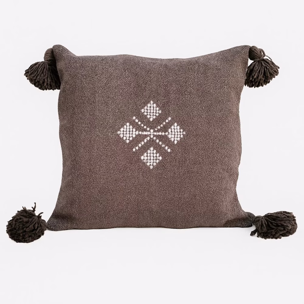 Brown Moroccan cushion with white traditional embroidery