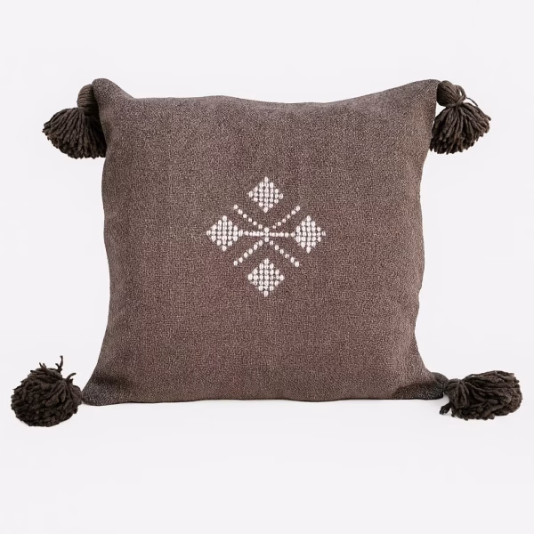 Brown Moroccan cushion with white traditional embroidery
