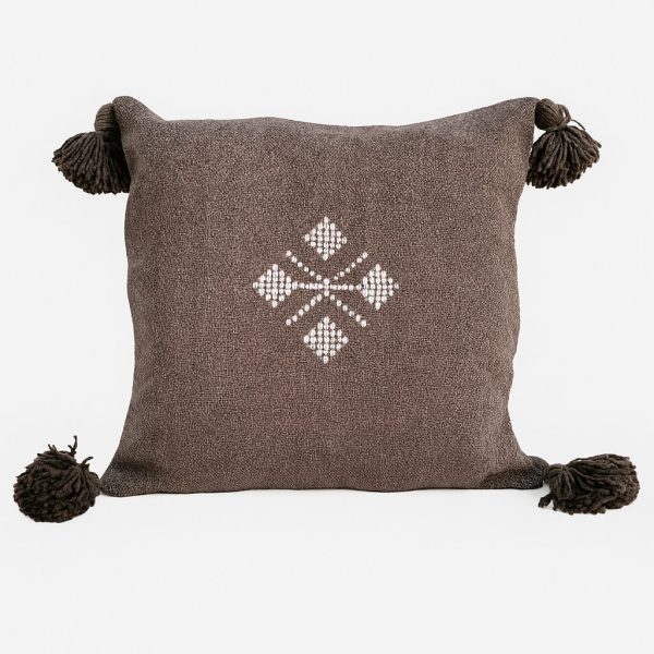 Brown Moroccan cushion with white traditional embroidery