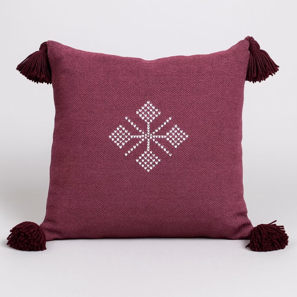 Burgundy Moroccan boho cushion with white embroidered motif