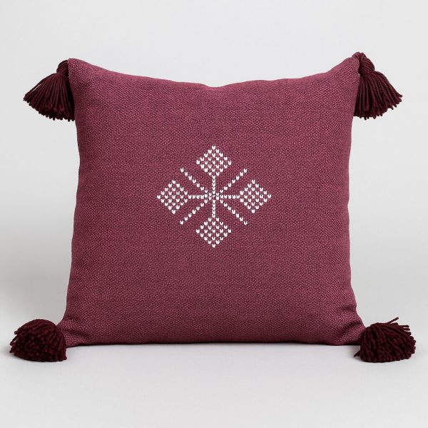Burgundy Moroccan boho cushion with white embroidered motif