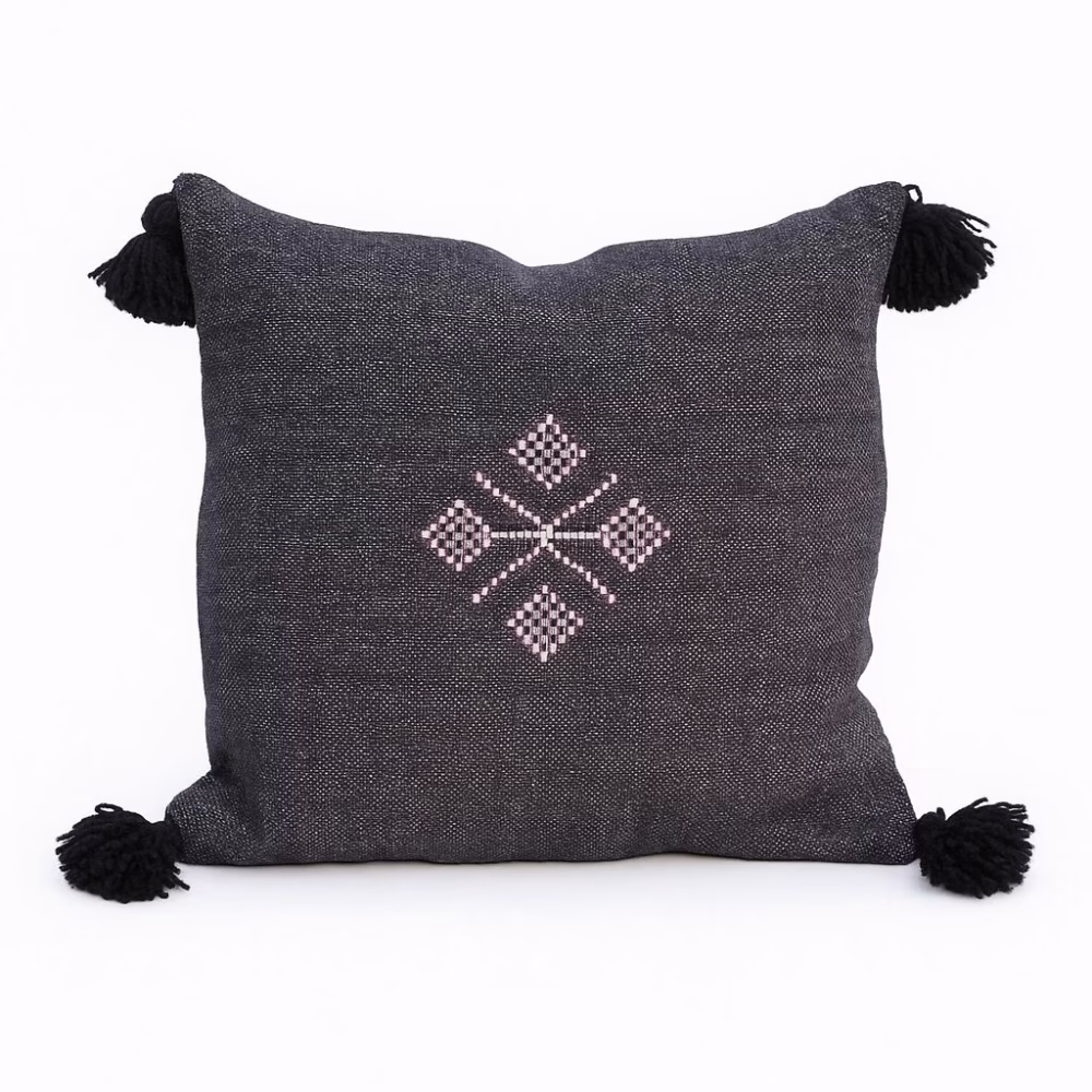 Charcoal Moroccan cushion with pink geometric embroidery