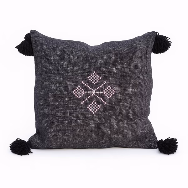 Charcoal Moroccan cushion with pink geometric embroidery