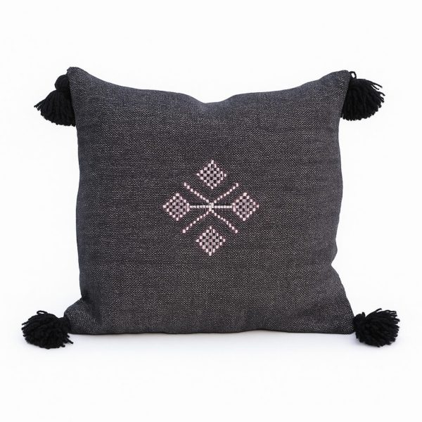 Charcoal Moroccan cushion with pink geometric embroidery