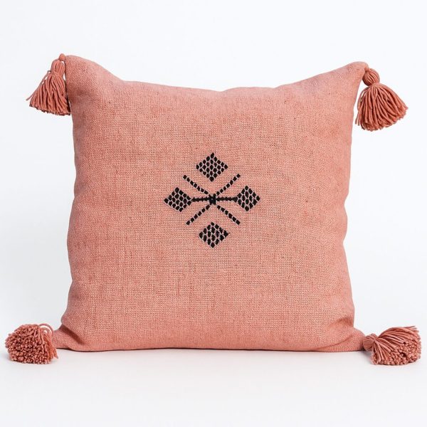 Coral Moroccan boho cushion with playful corner tassels