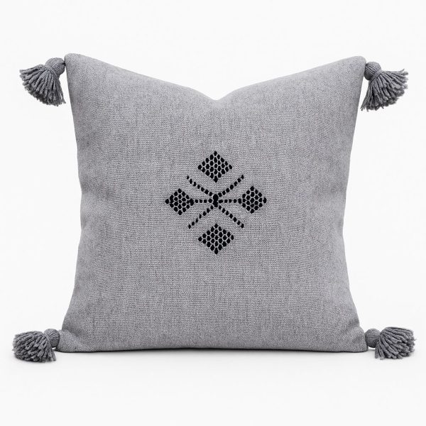 Light gray Moroccan cushion with traditional embroidered pattern