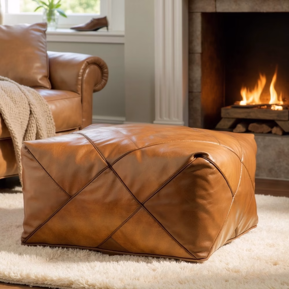 Modern square pouf in light brown leather by fireplace