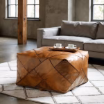 Handcrafted leather square pouf with geometric pattern in living room