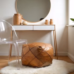 Modern leather square pouf with minimalist desk setup