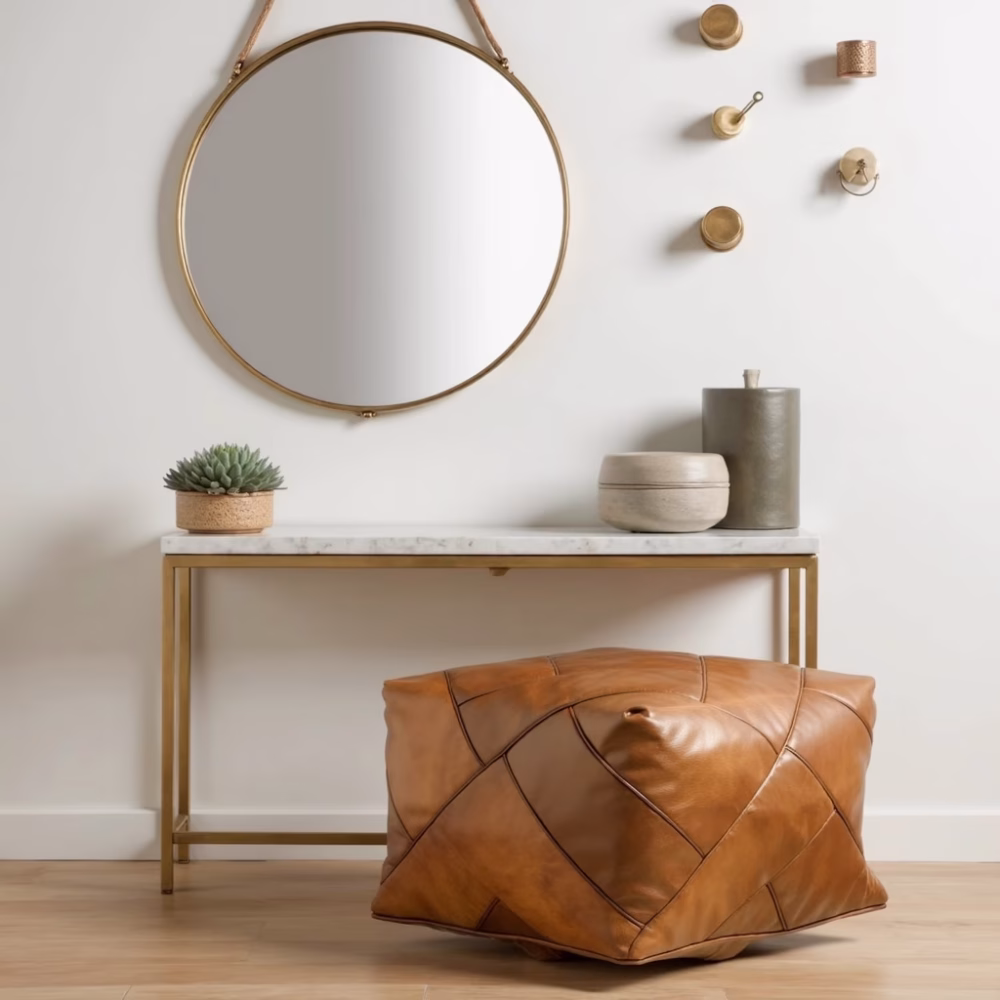 Modern square leather pouf with console table styling
