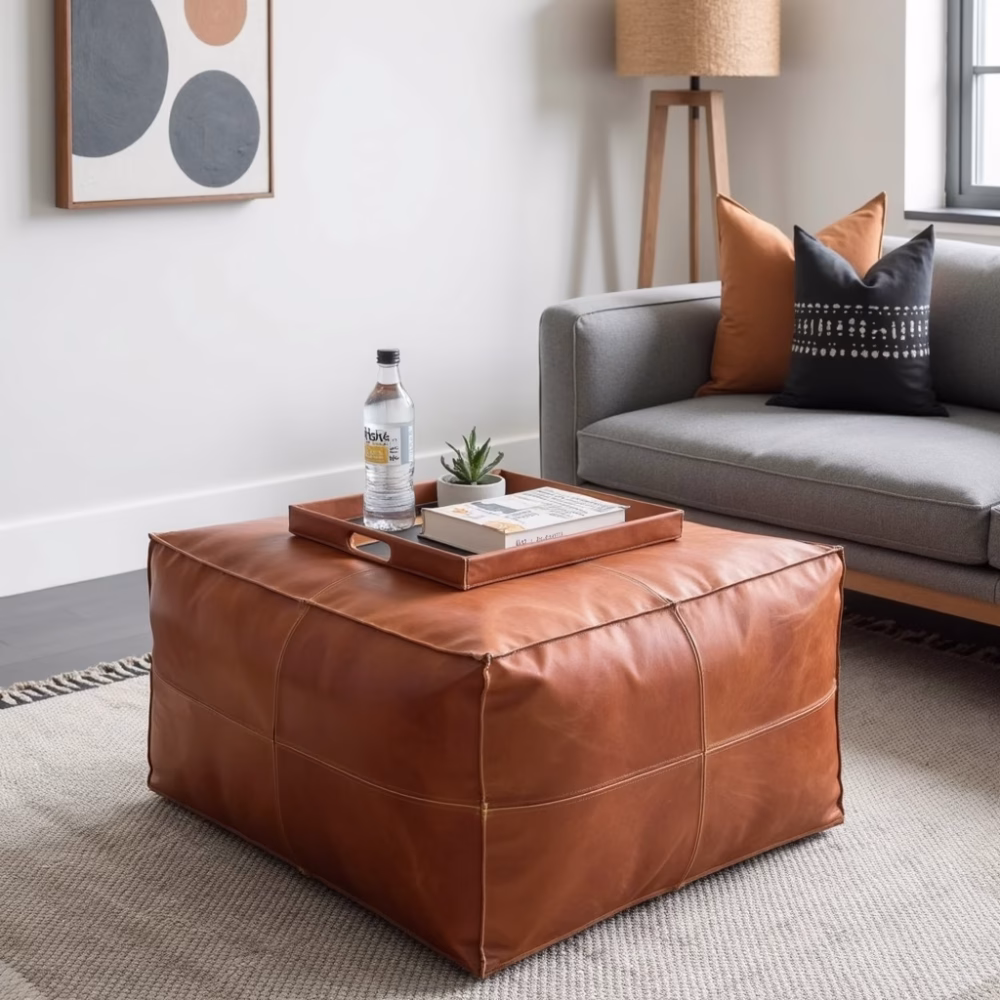 Handmade home decor with a Moroccan Square Natural Pouf in Brown in a cozy living room