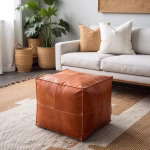 Natural leather ottoman pouf in modern living space